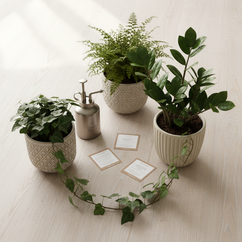 A photographic, top-down view of a curated houseplant display from Daniels Bazaar, arranged on a light wood table to suggest a care guide layout. Different species—compact ferns, a glossy ZZ plant, and a trailing ivy—sit in varied but coordinated ceramic pots with subtle textures. Between them, labeled but unreadable plant care cards, a small moisture meter, and a spray mister are neatly arranged, visually hinting at watering and humidity guidance without actual text. Soft overcast daylight from above and to the side creates even, shadow-softening illumination with gentle highlights on glossy leaves. The composition follows a balanced, rule-of-thirds layout with sharp focus across the frame, creating a calm, professional, educational atmosphere in a clean, realistic photographic style.