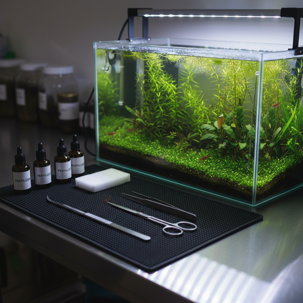 A serene, photographic scene of a dedicated aquatic plant care setup at Daniels Bazaar, focused on maintenance rather than people. On a stainless-steel counter beside a large, crystal-clear aquarium, organized tools rest neatly: aquascaping scissors, tweezers, a soft algae pad, and small fertilizer bottles with simple, unbranded labels. Inside the tank, dense, healthy green plants sway gently in the water current, with a few tiny shrimp grazing on leaves. Cool, bright aquarium lighting illuminates the scene, creating delicate reflections on the metal tools and glass surfaces. The background is softly blurred, suggesting a professional back-room workspace. Shot from a slightly elevated angle with moderate depth of field, the image feels precise, calm, and technical, ideal for illustrating aquatic plant care guides.