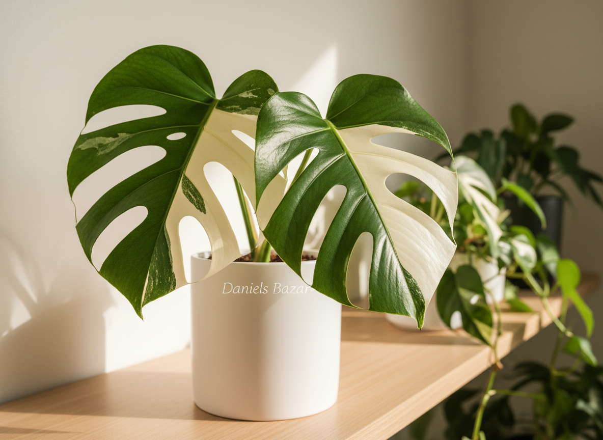 A detailed, photographic close-up of a single, immaculate houseplant chosen from Daniels Bazaar, such as a variegated monstera in a matte white ceramic pot. The plant’s broad, fenestrated leaves are deep green with creamy white streaks, edges crisp and unblemished, showing obvious professional care. It is positioned on a smooth light-wood shelf with a subtle grain, near a softly lit wall. Natural daylight from the side creates gentle highlights along the leaf veins and soft shadows beneath the pot. The background fades into a creamy bokeh of other indistinct plants, suggesting a larger collection. Shot at eye level with a shallow depth of field, the composition is clean and modern, evoking a serene, aspirational feeling of healthy indoor greenery.
