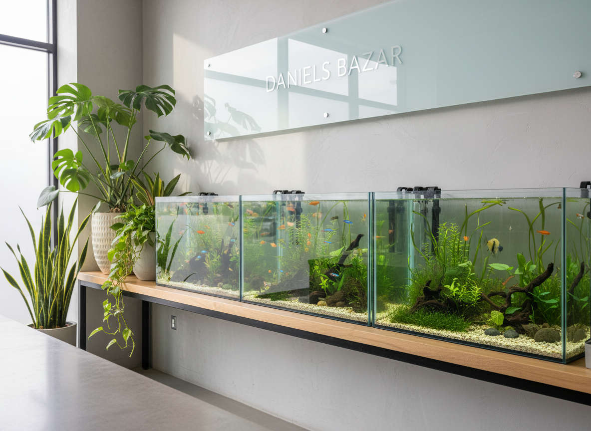 A wide, photographic view of a spotless aquarium and houseplant display in a modern shop interior, showcasing Daniels Bazaar’s focus on fish and plants. Crystal-clear glass tanks line a light wood shelf, filled with healthy tropical fish gliding among vivid green aquatic plants and smooth river stones. Beside them, lush potted houseplants—monstera, snake plant, and trailing pothos in simple ceramic pots—sit on a clean countertop. Soft, diffused daylight from a large unseen window creates gentle reflections on the water surface and subtle shadows on the wall. Shot at eye level with sharp focus throughout, the scene feels professional, calm, and well-organized, emphasizing expert care and cleanliness in a contemporary, realistic photographic style.