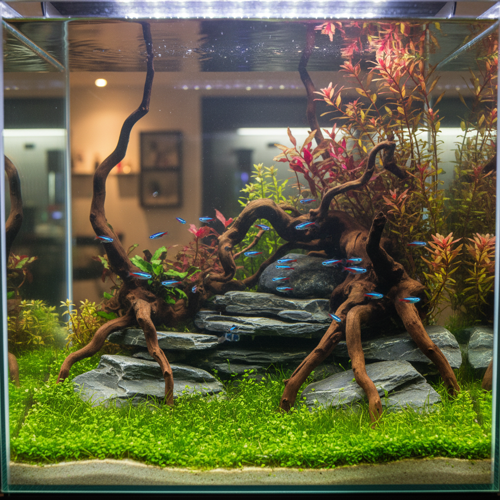 A close-up, photographic shot of a thriving aquascaped aquarium that Daniels Bazaar might sell, filled with vibrant aquatic plants and small schooling fish. Bright green carpeting plants spread across the tank floor, with taller stem plants and a few red accents rising behind sculpted driftwood and smooth slate rocks. Tiny neon tetras glide through the clear water, their colors vivid and healthy. Overhead tank lighting casts crisp highlights on leaves and subtle ripples on the substrate. The glass edges are spotless, and the background softly blurs into a neutral interior, reinforcing a professional, cared-for look. Captured from a slightly elevated angle with medium depth of field, the mood is serene and precise, highlighting expert aquatic plant and fish care in realistic detail.