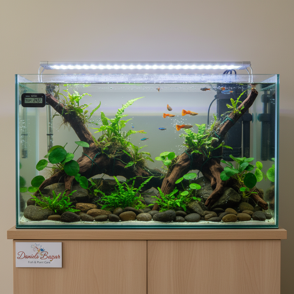 A photographic, side-view scene of a medium-sized aquarium set up as a teaching display at Daniels Bazaar, emphasizing fish and plant care. Inside the tank, hardy aquatic plants like java fern and anubias are securely attached to driftwood and rocks, arranged for both beauty and fish shelter. A digital temperature display is visible on the outside glass, with a discreet filter and heater tucked in the background, all clean and well-maintained. Small community fish move calmly through the space, their fins intact and colors bright. Cool, even tank lighting reveals tiny oxygen bubbles on plant leaves. The tank sits on a neat stand against a plain wall, with the composition centered and shot at eye level, creating a practical, instructional, yet aesthetically pleasing mood in realistic detail.