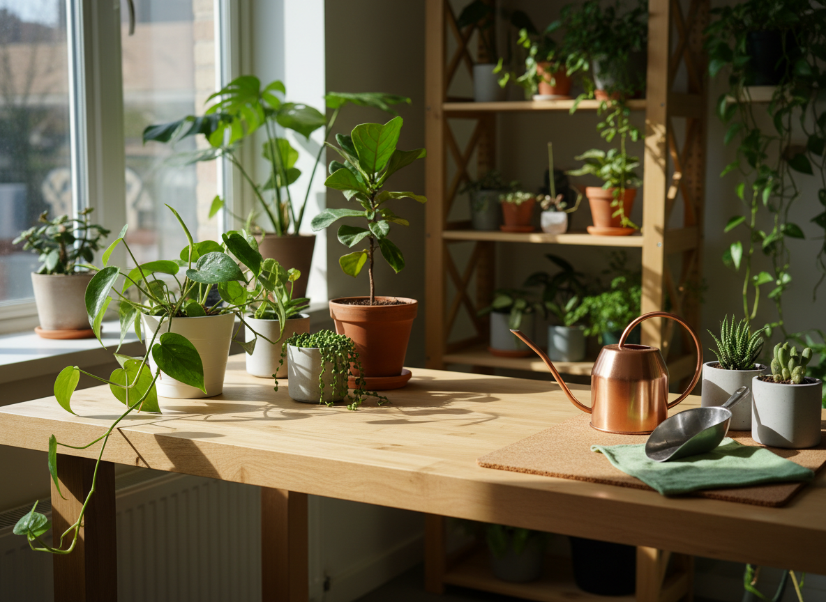 A photographic scene of a well-organized plant care station in a bright corner of Daniels Bazaar, focused on houseplant maintenance. A sturdy wooden workbench holds a mix of glossy-leaved philodendrons, a compact fiddle-leaf fig, and small succulents in simple, modern pots. Beside them, a clean watering can, a soil scoop, and a neatly folded microfiber cloth rest on the surface, suggesting thoughtful care. Soft natural daylight streams from a nearby window, illuminating droplets on the leaves and casting gentle, tidy shadows. Background shelving with more healthy plants is softly out of focus. Shot at a three-quarter angle with moderate depth of field, the atmosphere is calm, professional, and instructional, ideal for illustrating plant care guides in a realistic photographic style without showing any people.